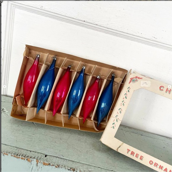 Vintage Christmas Ornaments Icicle Glass Patriotic Americana Poland Box Set 6B - Picture 7 of 9